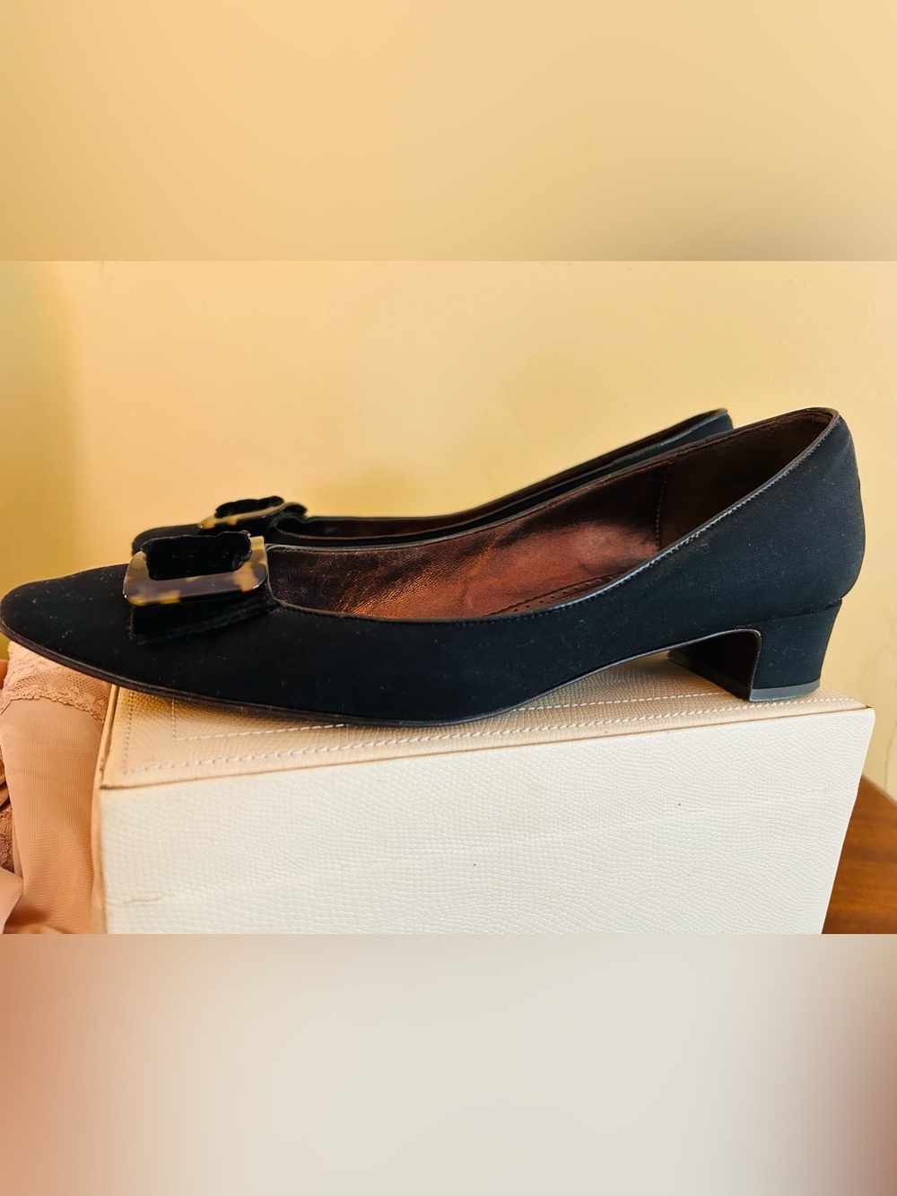 J. Crew Black Pump, Square Toe, Low Block 
1 5/16” Heel, Tortoiseshell Buckle.